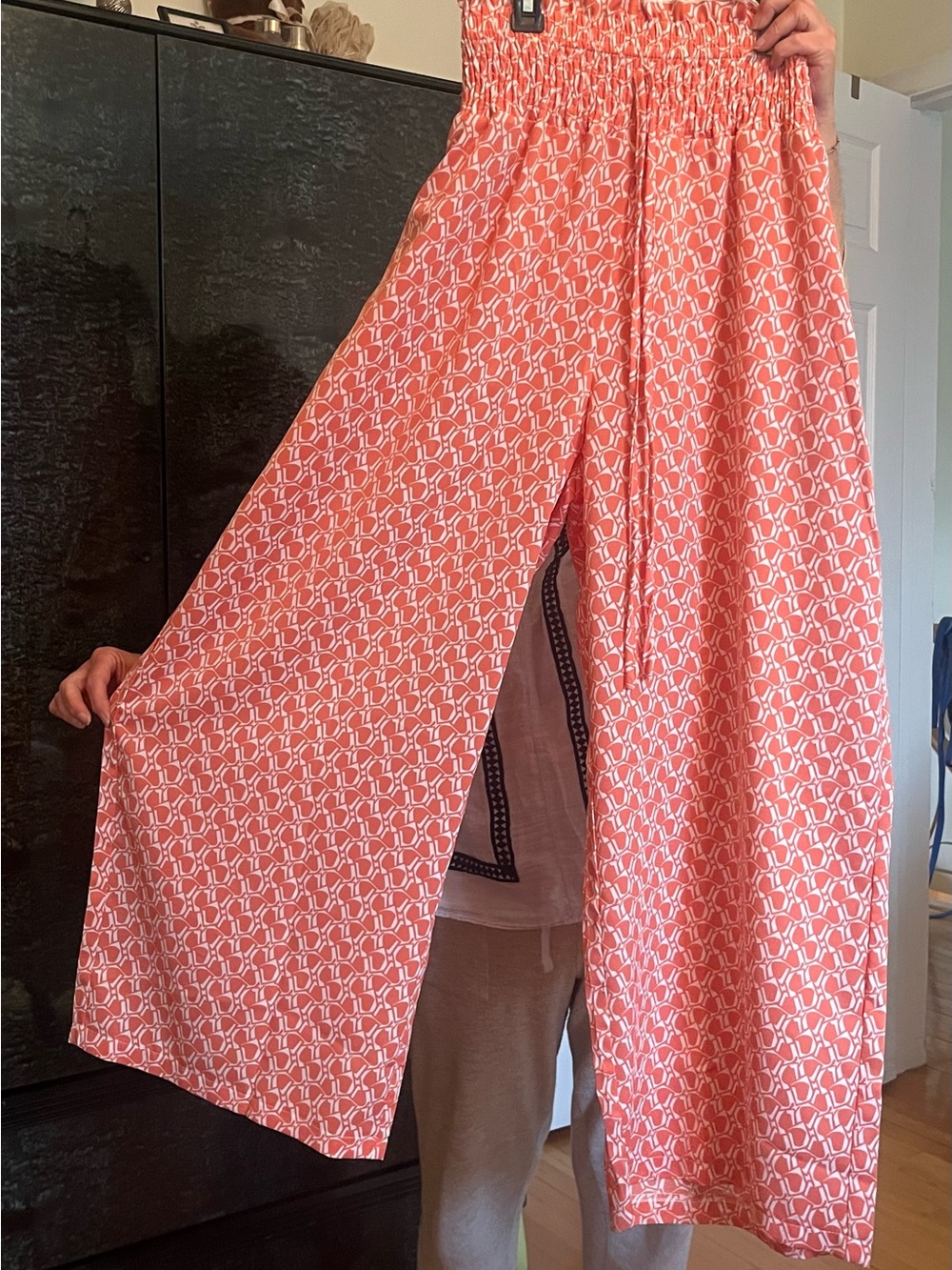 Coral White Patterned Wide-Leg Smocked Waist Palazzo Pants